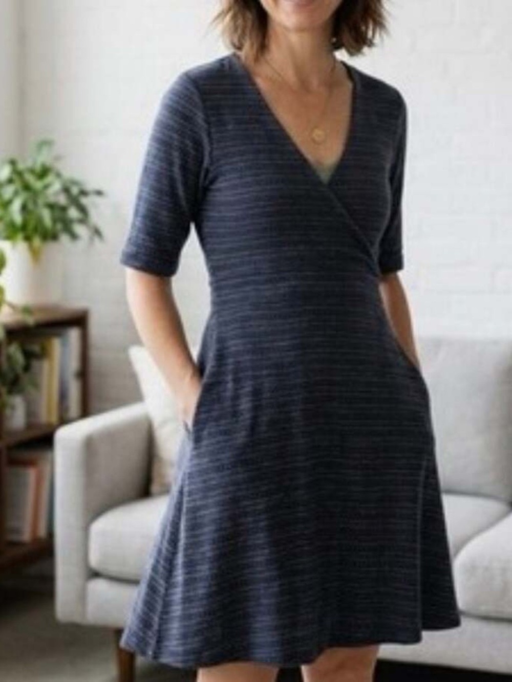 Toad&Co Cue Cafe Wrap Organic Cotton Pocket Dress Size XL Navy Blue Stripe
